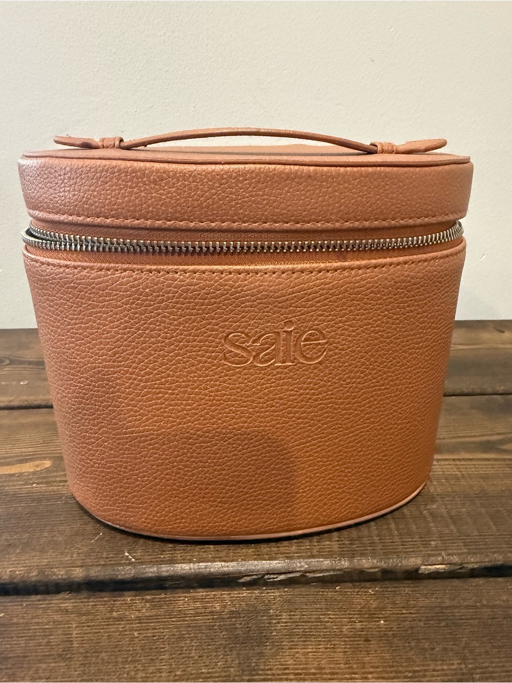 Saie Tan Leather Cosmetic Case with Top Handle